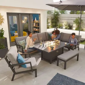 Vogue Aluminium Casual Dining Corner Sofa Set with Firepit Table & Armchair & Bench