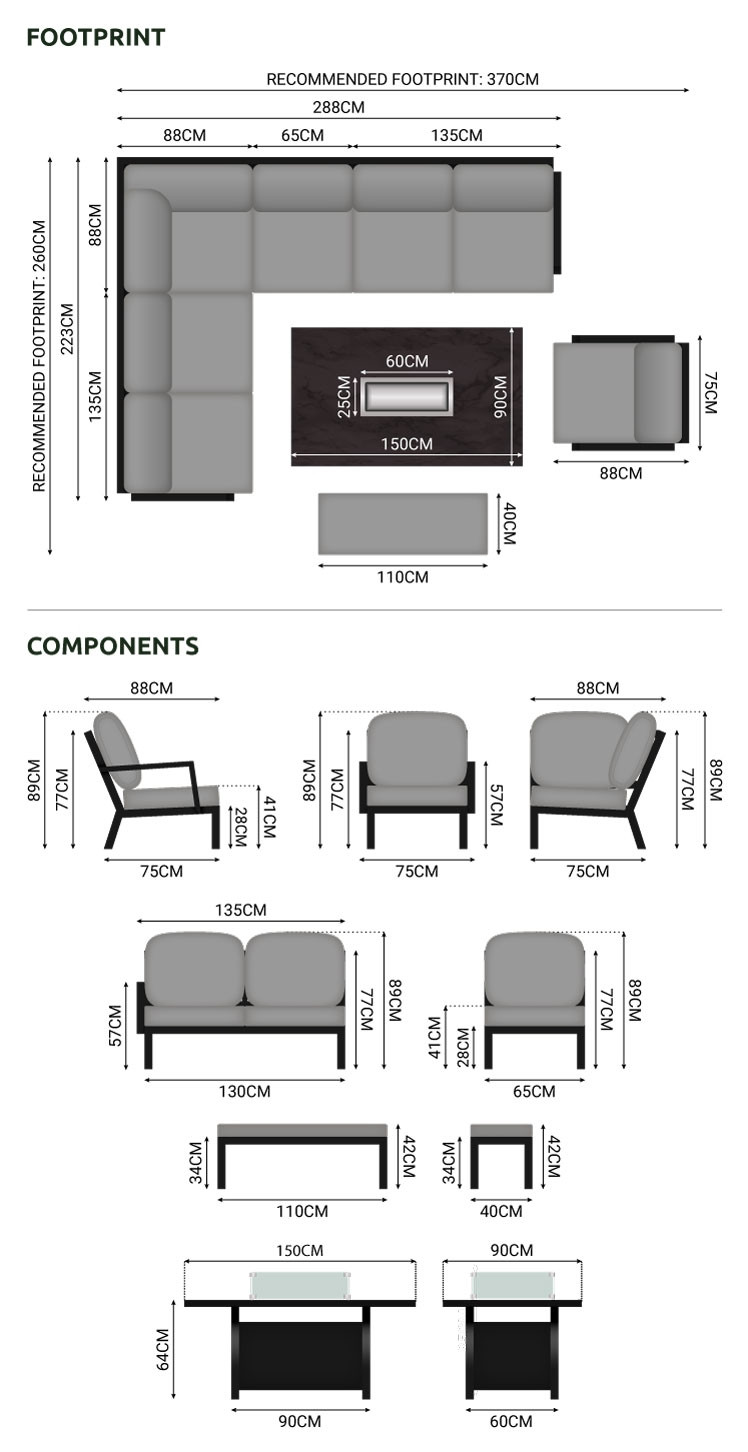 Vogue Aluminium Dining Corner Sofa Set - Firepit Table with Armchair & Bench