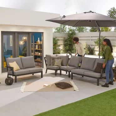 Vogue Aluminium Casual Dining Corner Sofa Set with Firepit Table & Armchair & Bench
