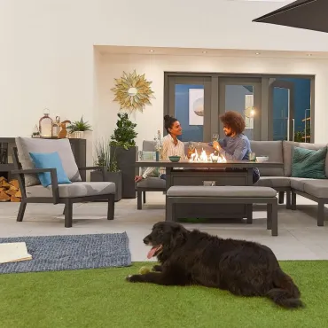 Vogue Aluminium Casual Dining Corner Sofa Set with Firepit Table & Armchair & Bench
