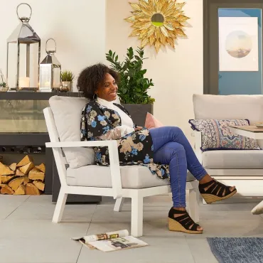 Vogue Aluminium Casual Dining Corner Sofa Set with Firepit Table & Armchair & Bench