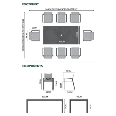 Roma 8 Seat Dining Set - 2m x 1m Rectangular Table  - 6
