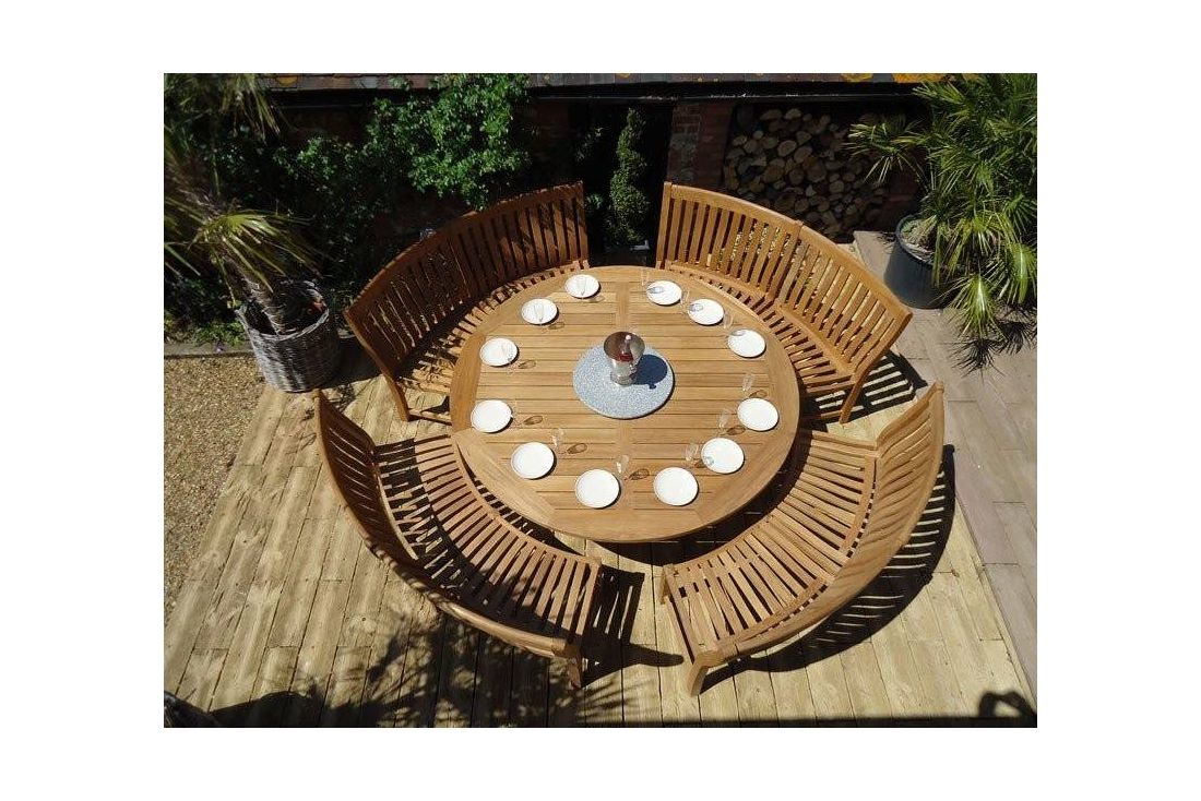 Chunky 210cm dia teak table with contour benches