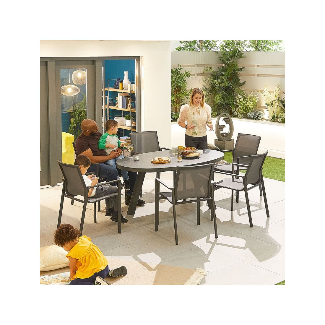 Aluminium Outdoor Dining Milano 6 Seat Dining Set - 1.6m x 1m Oval Table