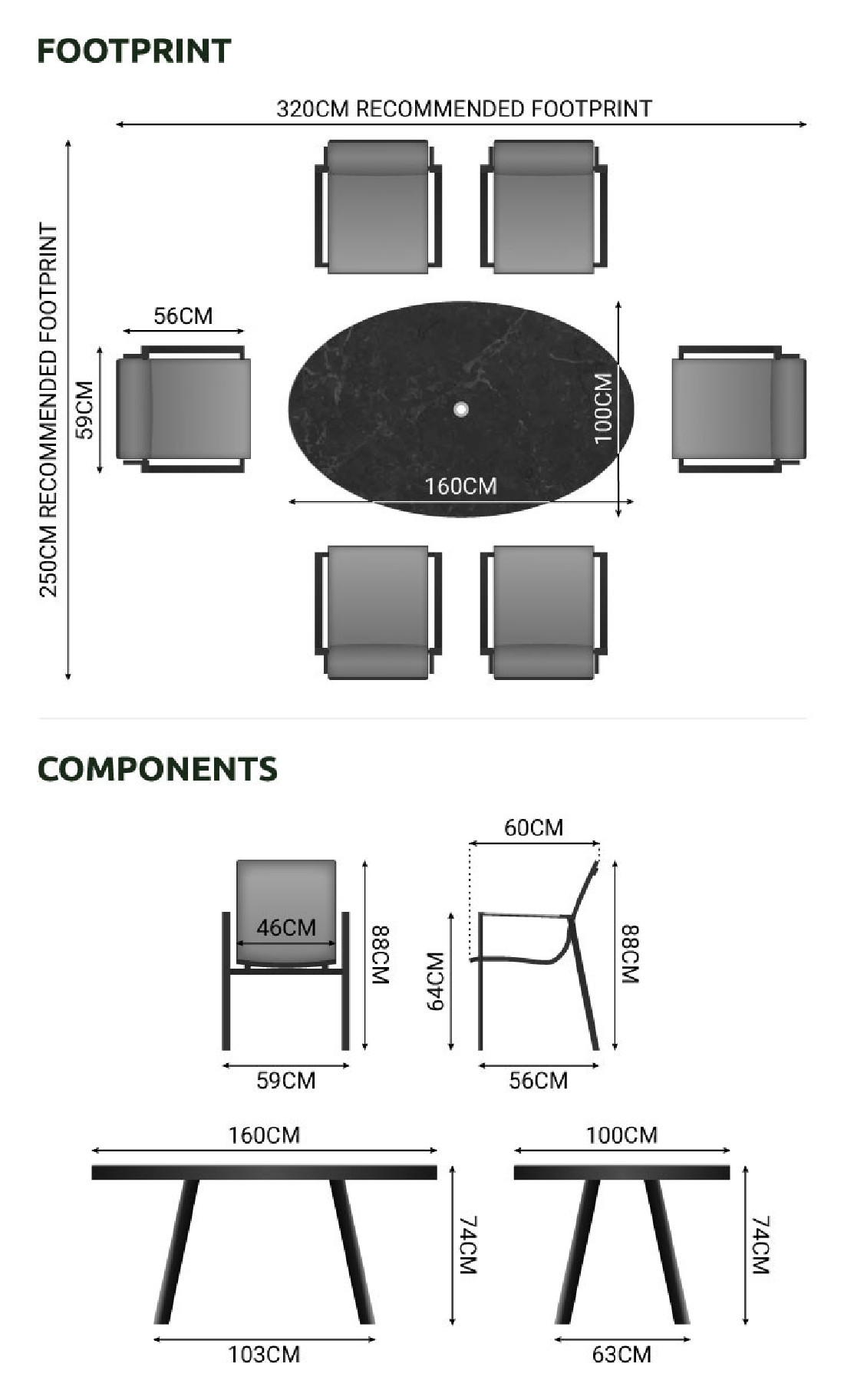 Aluminium Outdoor Dining Milano 6 Seat Dining Set - 1.6m x 1m Oval Table