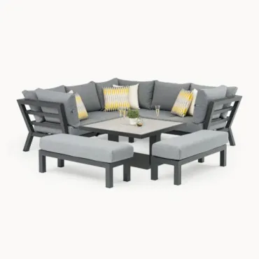 Emerson Compact Corner Aluminium Lounge Dining Set with 2 Benches - Adjustable Rising Table  - 5