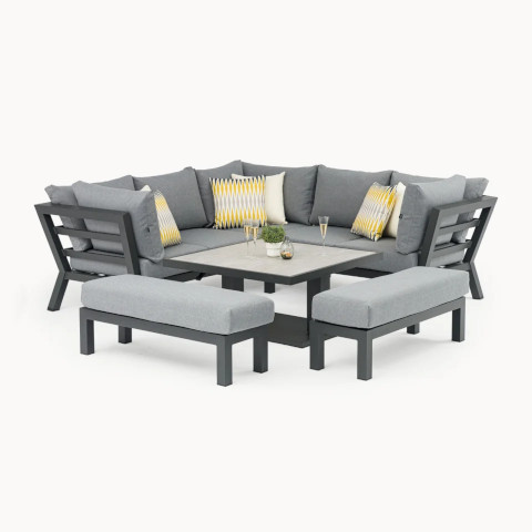 Emerson Compact Corner Aluminium Dining Set - 2 Benches & Adjustable Rising Table
