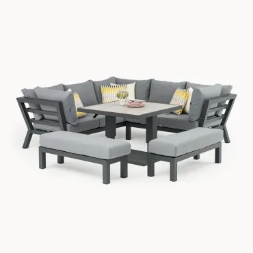 Emerson Compact Corner Aluminium Lounge Dining Set with 2 Benches - Adjustable Rising Table  - 1