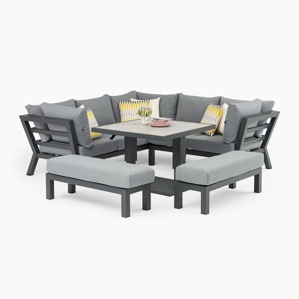 Emerson Compact Corner Aluminium Dining Set - 2 Benches & Adjustable Rising Table