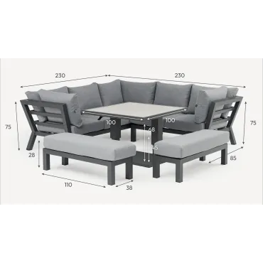 Emerson Compact Corner Aluminium Lounge Dining Set with 2 Benches - Adjustable Rising Table  - 2