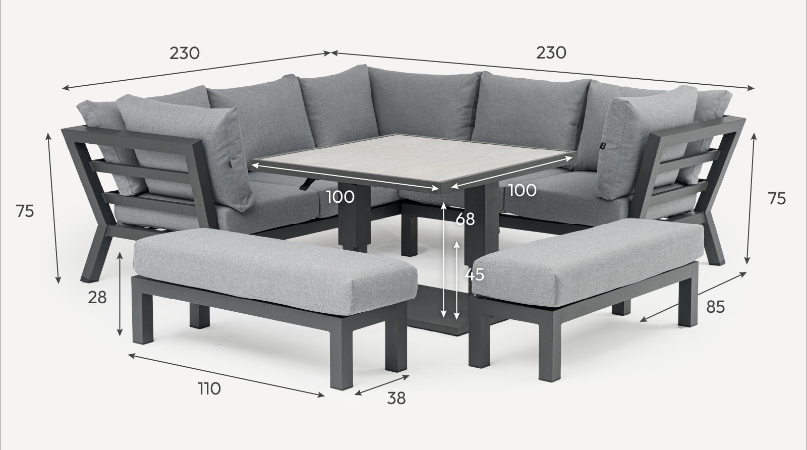 Emerson Compact Corner Aluminium Dining Set - 2 Benches & Adjustable Rising Table