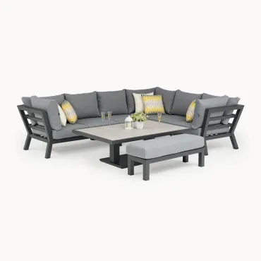 Emerson L-Shaped Corner Aluminium Lounge Dining Set with Bench - Right Handed Adjustable Rising Table  - 1