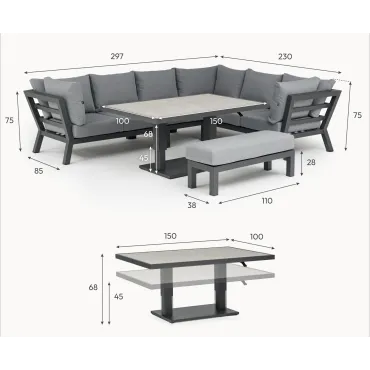 Emerson L-Shaped Corner Aluminium Lounge Dining Set with Bench - Right Handed Adjustable Rising Table  - 2