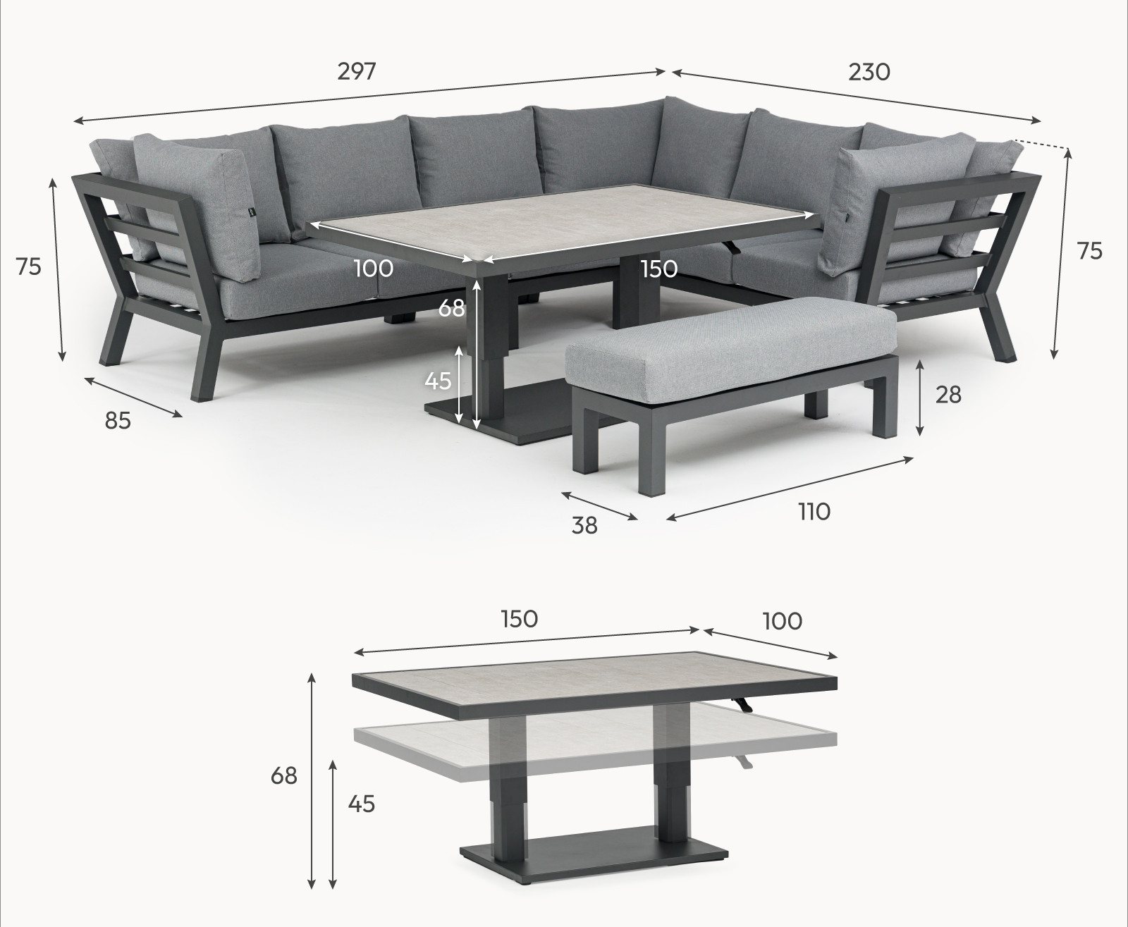 Emerson L-Shaped Aluminium Dining with Bench & Rising Table