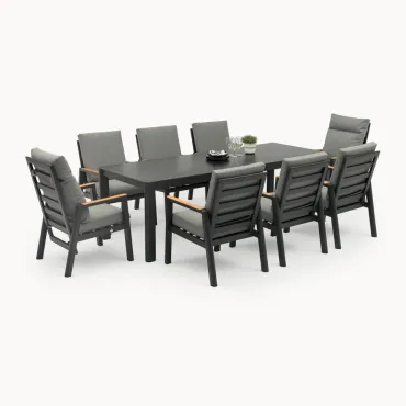 Isaac 8 Seat Aluminium Wood Dining Set with 2 Reclining Chairs