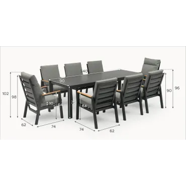 Isaac 8 Seat Aluminium Wood Dining Set with 2 Reclining Chairs
