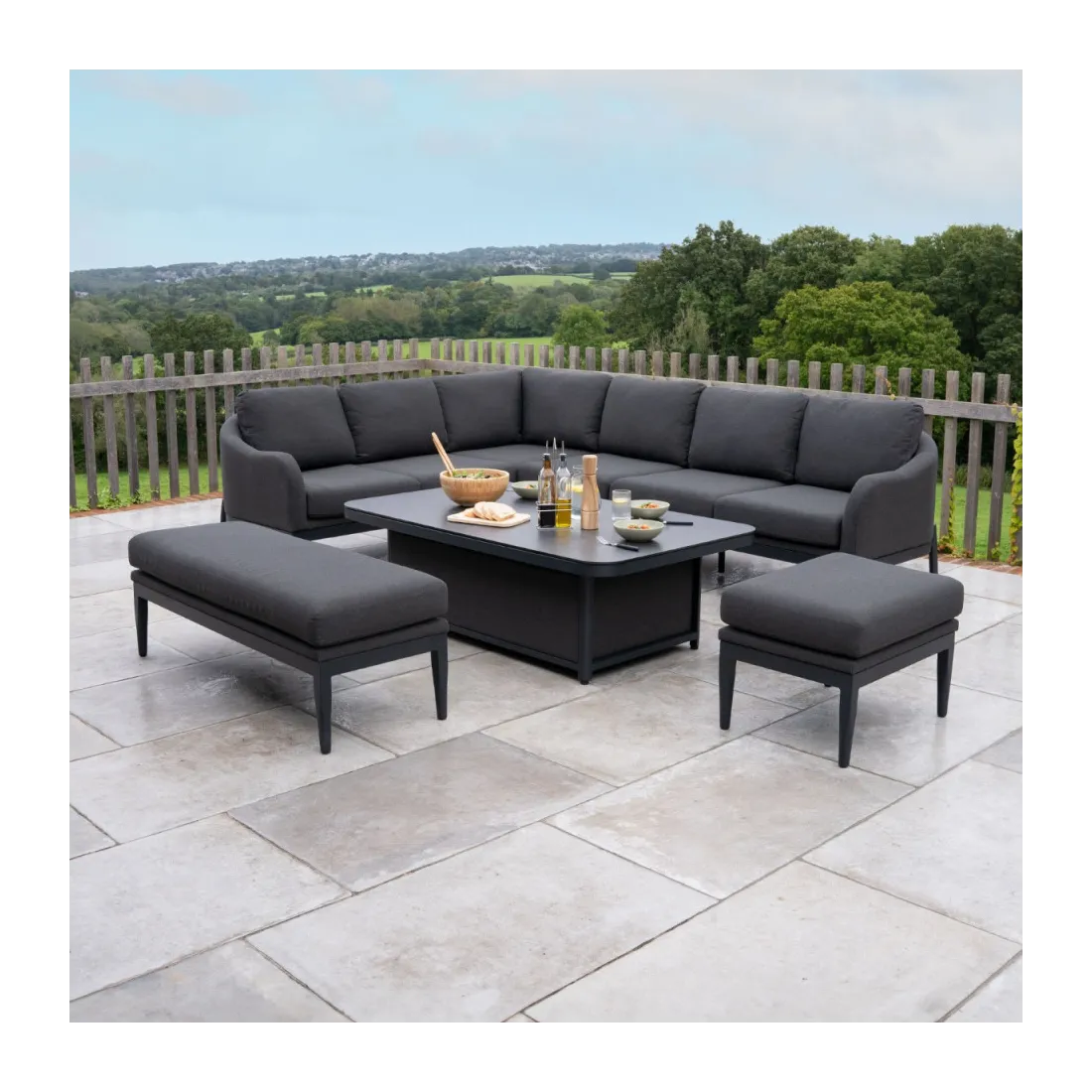 Duke L-Shaped Corner All Weather Fabric Aluminium Lounge Dining Set with Benches - Left Handed Rising Table in Charcoal Grey - Duke L-Shaped Corner All Weather Fabric Aluminium Lounge Dining Set with Benches - Left Handed Rising Table in Charcoal Grey -