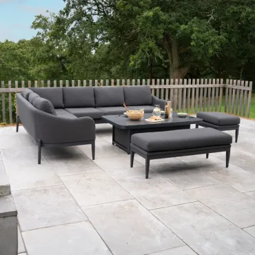 Duke L-Shaped Corner All Weather Fabric Aluminium Lounge Dining Set with Benches - Left Handed Rising Table in Charcoal Grey  -