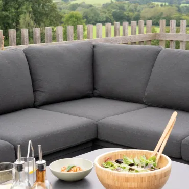 Duke L-Shaped Corner All Weather Fabric Aluminium Lounge Dining Set with Benches - Left Handed Rising Table in Charcoal Grey  -