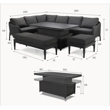 Duke L-Shaped Corner All Weather Fabric Aluminium Lounge Dining Set with Benches - Left Handed Rising Table in Charcoal Grey  -