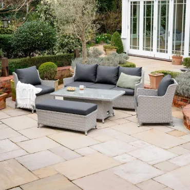 Talia 3 Seater Rattan Dining Set with 2 Armchairs & Bench - Rising Table