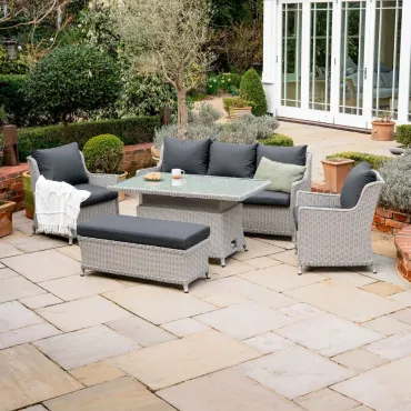 Talia 3 Seater Rattan Lounge Dining Set with 2 Armchairs and Bench - Rising Table