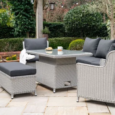 Talia 3 Seater Rattan Dining Set with 2 Armchairs & Bench - Rising Table
