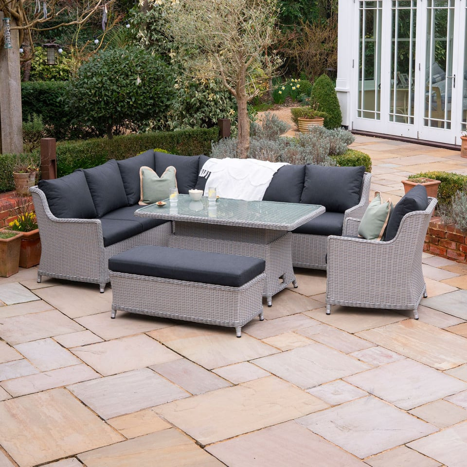 Talia L-Shaped Rattan Dining Set with Armchair & Bench - Rising Table