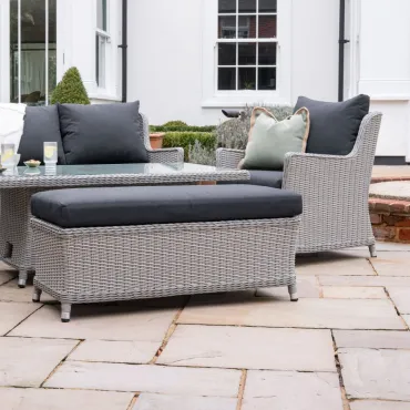 Talia L-Shaped Rattan Dining Set with Armchair & Bench - Rising Table