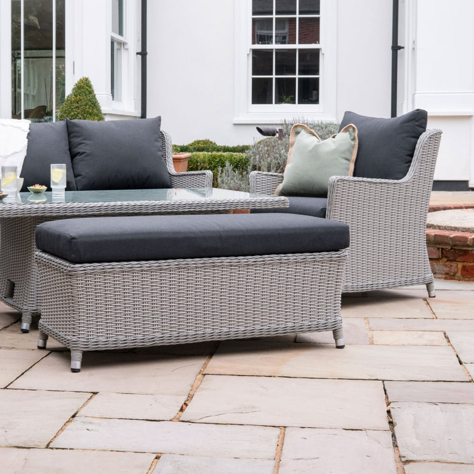 Talia L-Shaped Rattan Dining Set with Armchair & Bench - Rising Table