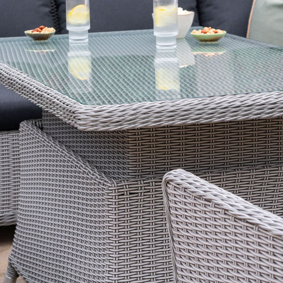 Talia L-Shaped Rattan Dining Set with Armchair & Bench - Rising Table