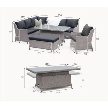 Talia L-Shaped Rattan Dining Set with Armchair & Bench - Rising Table