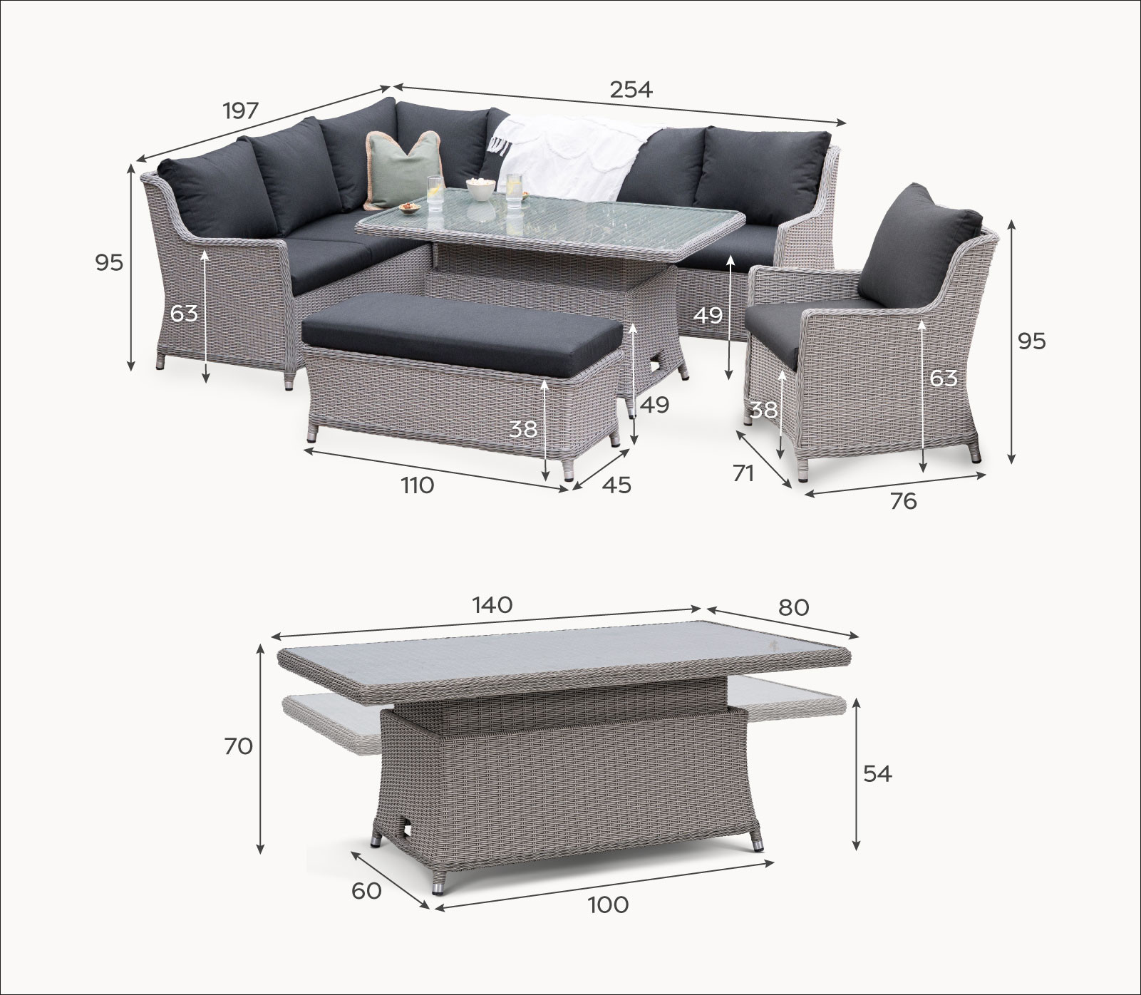 Talia L-Shaped Rattan Dining Set with Armchair & Bench - Rising Table