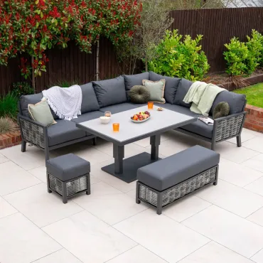 Caleb Corner Rattan Aluminium Lounge Dining Set with Bench and Stool - Adjustable Rising Table