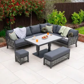 Caleb Corner Rattan Aluminium Lounge Dining Set with Bench and Stool - Adjustable Rising Table