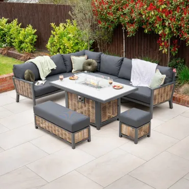 Caleb Corner Rattan Aluminium Lounge Dining Set with Bench & Stool - Gas Fire Pit Table
