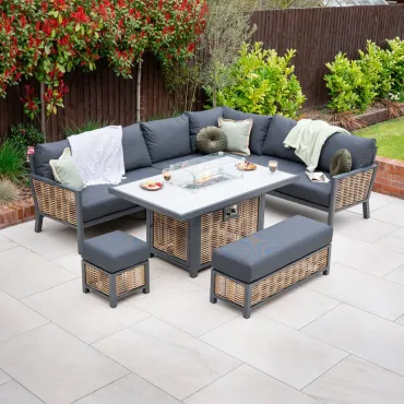 Caleb Corner Rattan Aluminium Lounge Dining Set with Bench & Stool - Gas Fire Pit Table