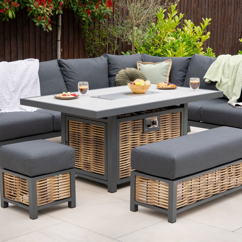 Caleb Corner Rattan Aluminium Lounge Dining Set with Bench & Stool - Gas Fire Pit Table