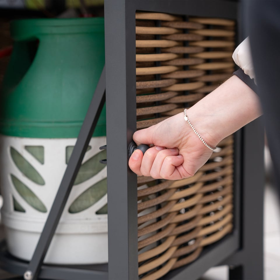 Caleb Corner Rattan Aluminium Lounge Dining Set with Bench & Stool - Gas Fire Pit Table