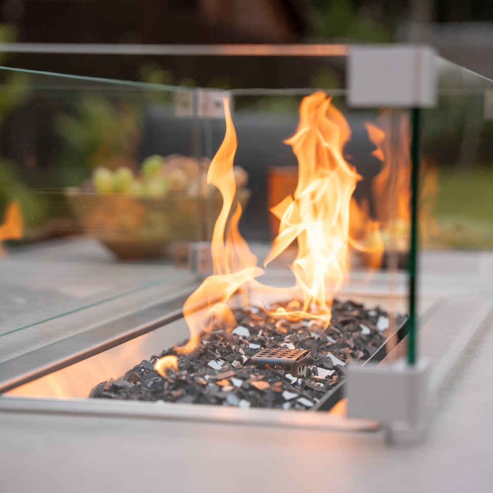 Caleb Corner Rattan Aluminium Lounge Dining Set with Bench & Stool - Gas Fire Pit Table