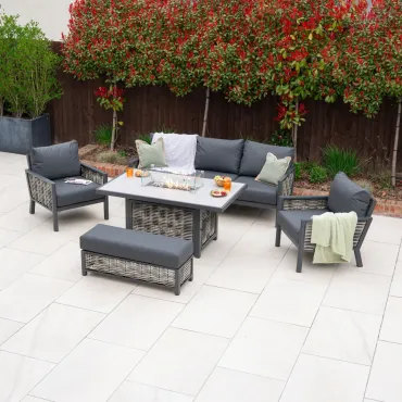 Caleb 3 Seater Rattan Aluminium Lounge Dining Set with 2 Armchairs and Bench - Gas Fire Pit Table