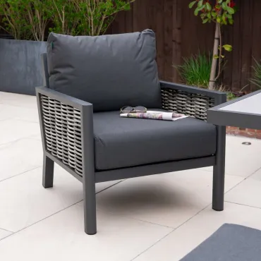 Caleb 3 Seater Rattan Aluminium Lounge Dining Set with 2 Armchairs and Bench - Gas Fire Pit Table