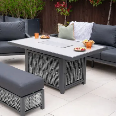 Caleb 3 Seater Rattan Aluminium Lounge Dining Set with 2 Armchairs and Bench - Gas Fire Pit Table