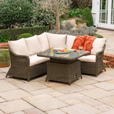 Isabella Corner Rattan Dining Set with 2 Stools - Rising Table