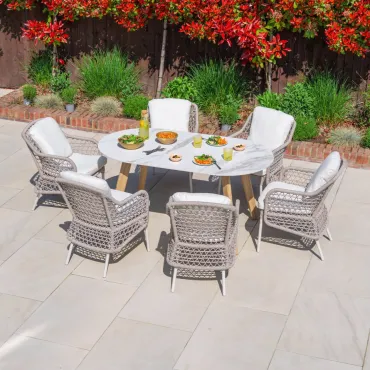 Fleur 6 Seat Rope Aluminium Wood Look Dining Set - Oval Table