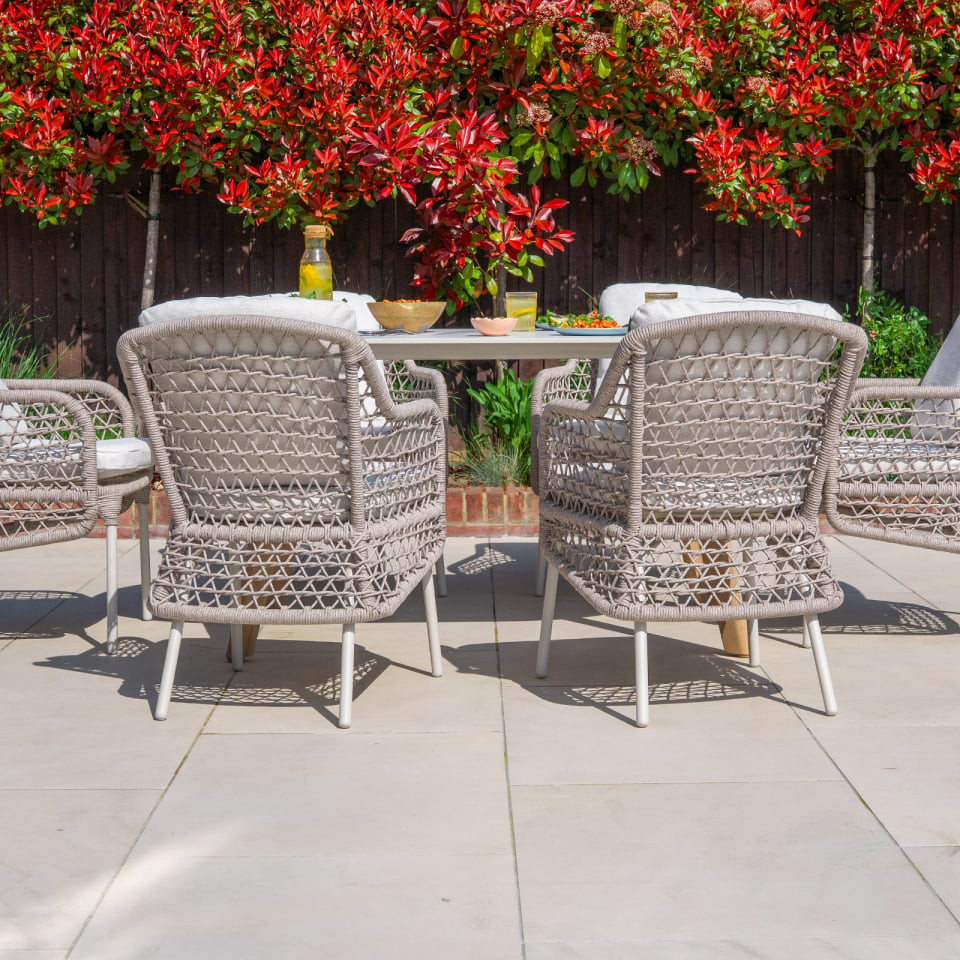 Fleur 6 Seat Rope Aluminium Wood Look Dining Set - Oval Table