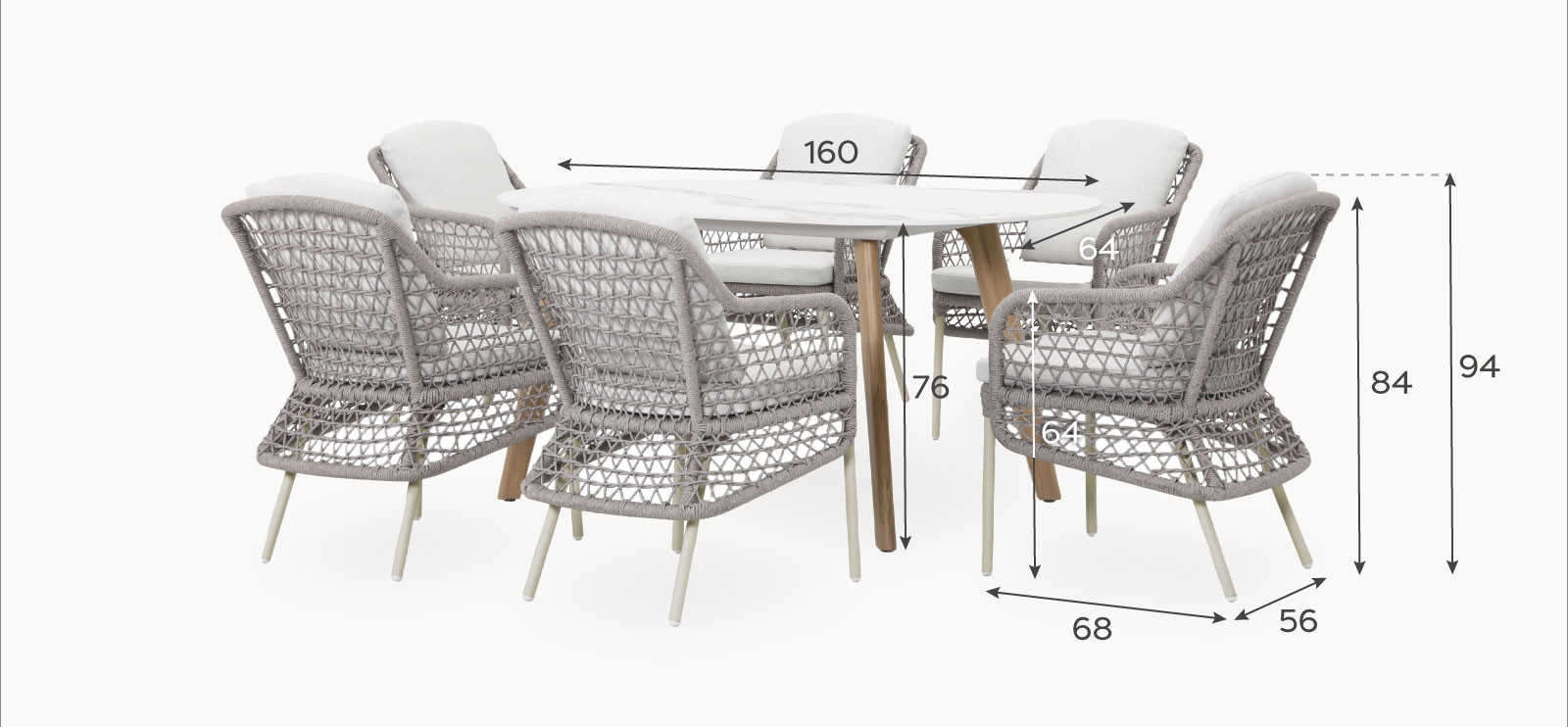 Fleur 6 Seat Rope Aluminium Wood Look Dining Set - Oval Table