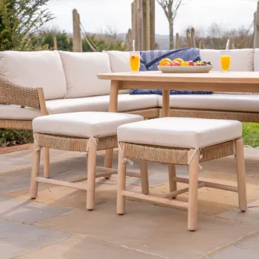 Hailey L-Shaped Corner Rattan Wood Lounge Dining Set with Armchair and 2 Stools