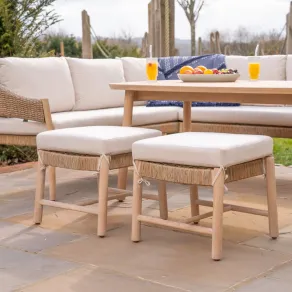 Hailey L-Shaped Corner Rattan Wood Lounge Dining Set with Armchair and 2 Stools