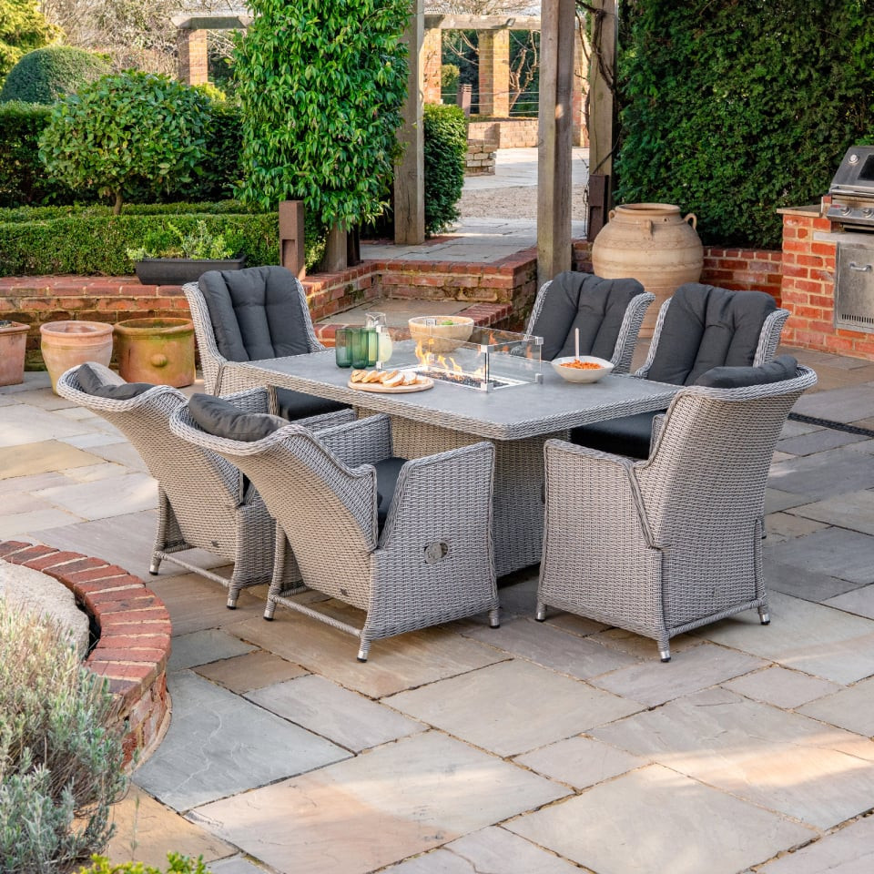 Talia 6 Seat Rattan Dining Set - Rectangular Gas Fire Pit Table